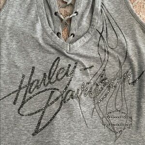 Woman’s Harley Davidson Gray Rhinestone Lace Up Tank Top